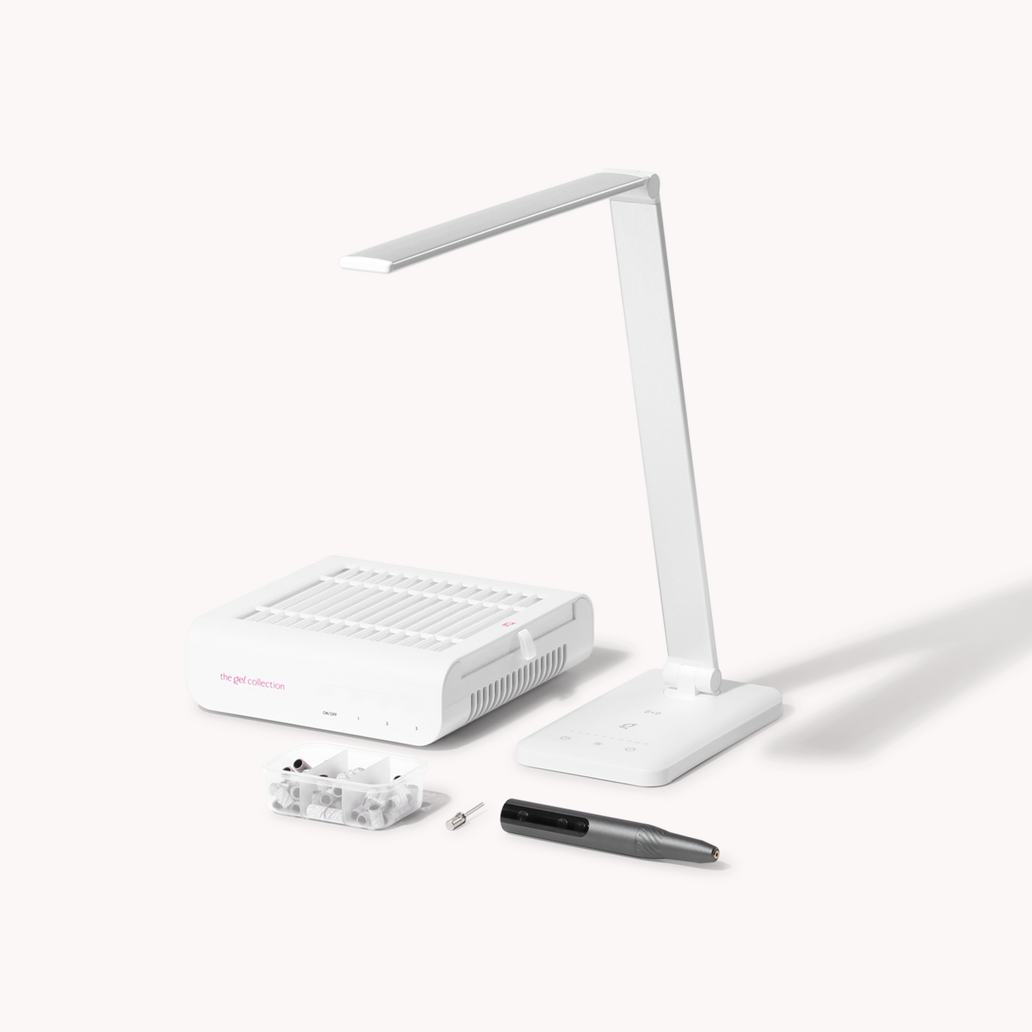 PACKAGE DEAL • Dust Collector + Drill Expert Smart + Table Lamp + Mandrel Bit + Sanding Bands • The Gel Collection