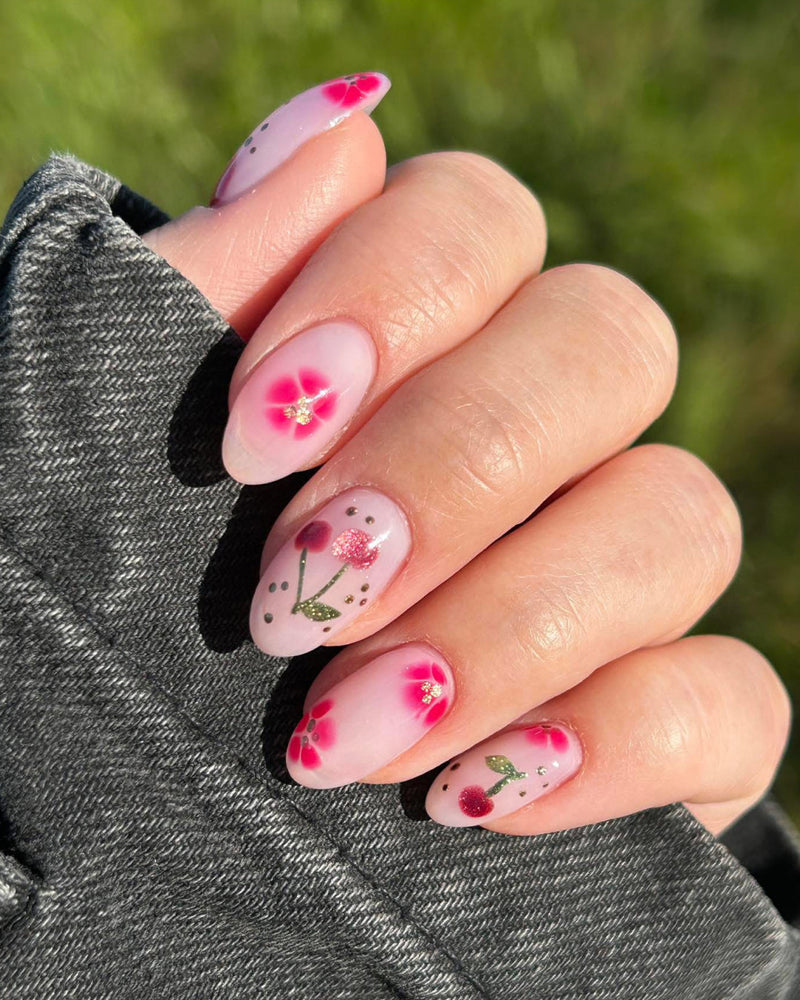 BG clear + 669 blushing nude, 617 warm strawberry, cat eye Mars