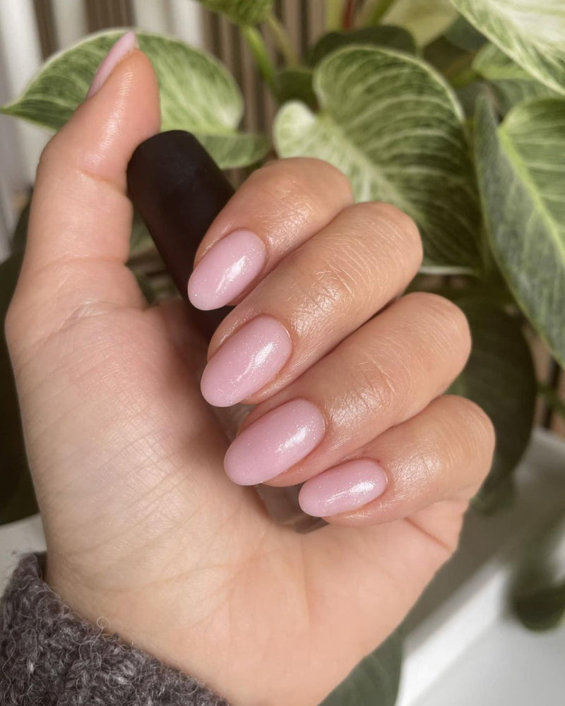 rubber base,  soft pink + Top Coat No Wipe,  Silver Shimmer 