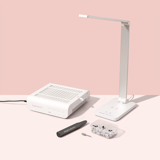 PACKAGE DEAL • Dust Collector + Drill Expert Smart + Table Lamp + Mandrel Bit + Sanding Bands • The Gel Collection